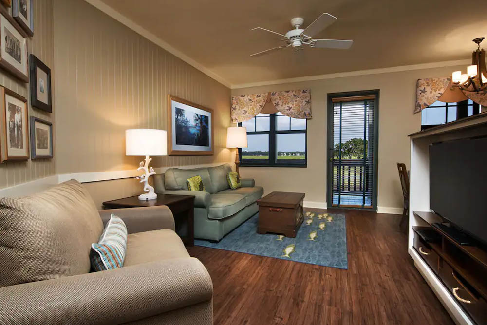 Living room in the 2 Bedroom Villa at the Disney Hilton Head Resort 1000