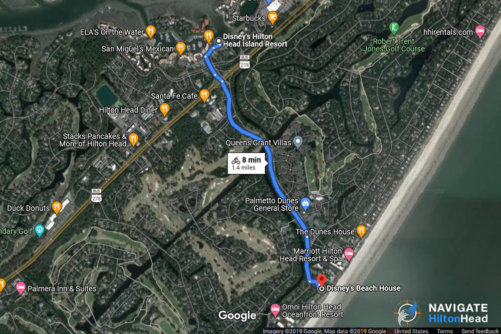 Google Map of the Path from Disney Hilton Head Resort to Disney Beach House in Palmetto Dunes 1000