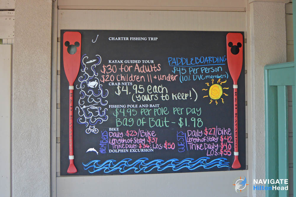 Chalkboard with rental and excursions for the day at the Disney Hilton Head Resort 1000