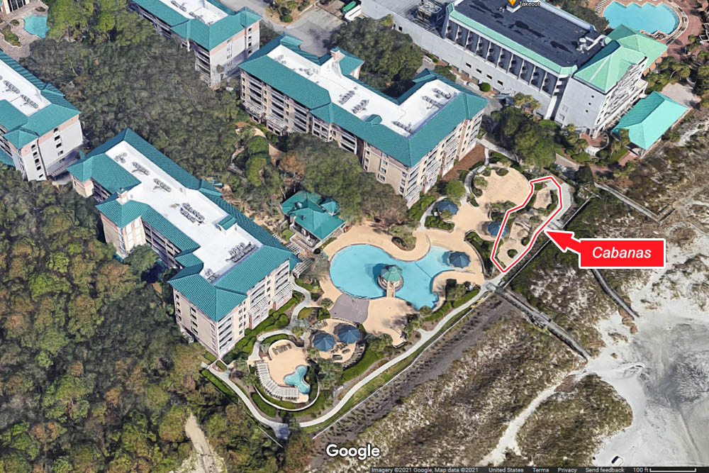 Google map showing the location of the cabanas at the Marriott Barony Beach Resort in Hilton Head