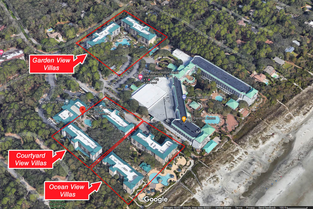 Google Map view showing the Villa Locations at the Marriott Barony Beach Club Resort in Hilton Head 