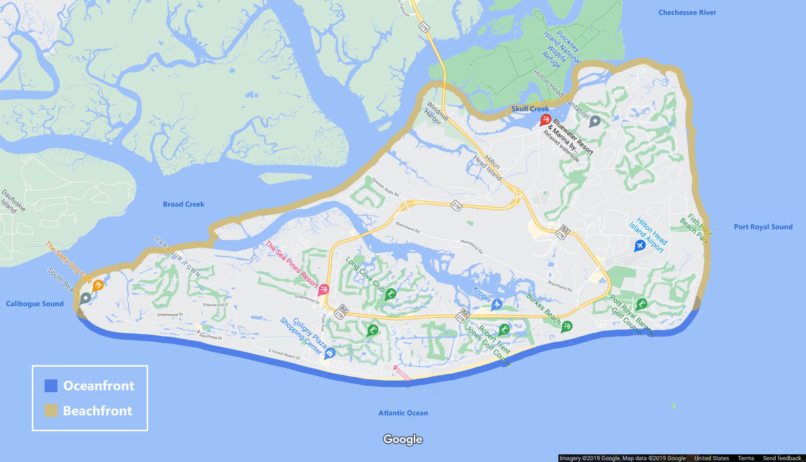 Hilton Head Island Google Map showing the different waterways around the island showing Oceanfront and Beachfront