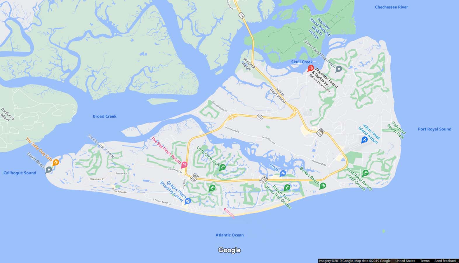 Hilton Head Island Google Map showing the different waterways around the island 