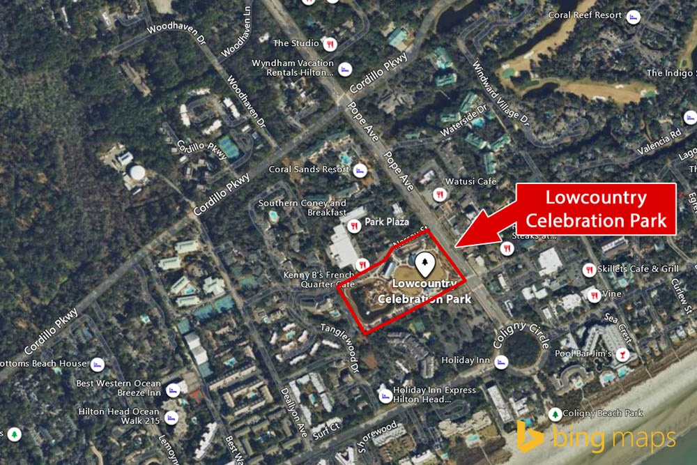Map showing location of the Lowcountry Celebration Park in Hilton Head 