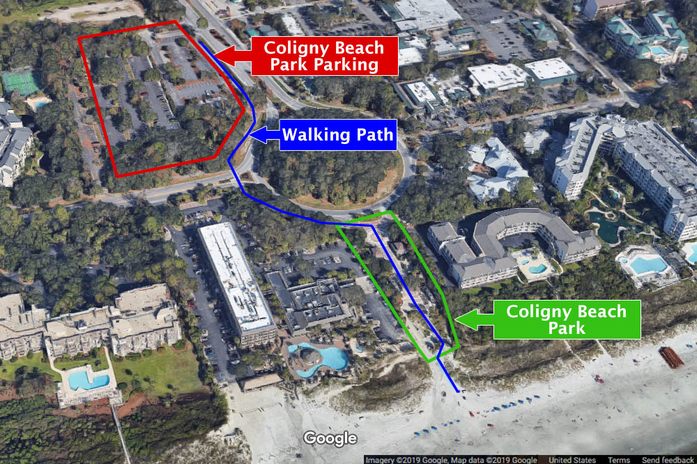 Map showing Parking Lot location and walking path to Coligny Beach