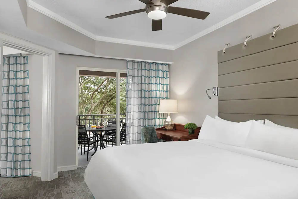Master Bedroom with private balcony in the two-bedroom villa at the Marriott Grande Ocean Resort in Hilton Head Island 1000
