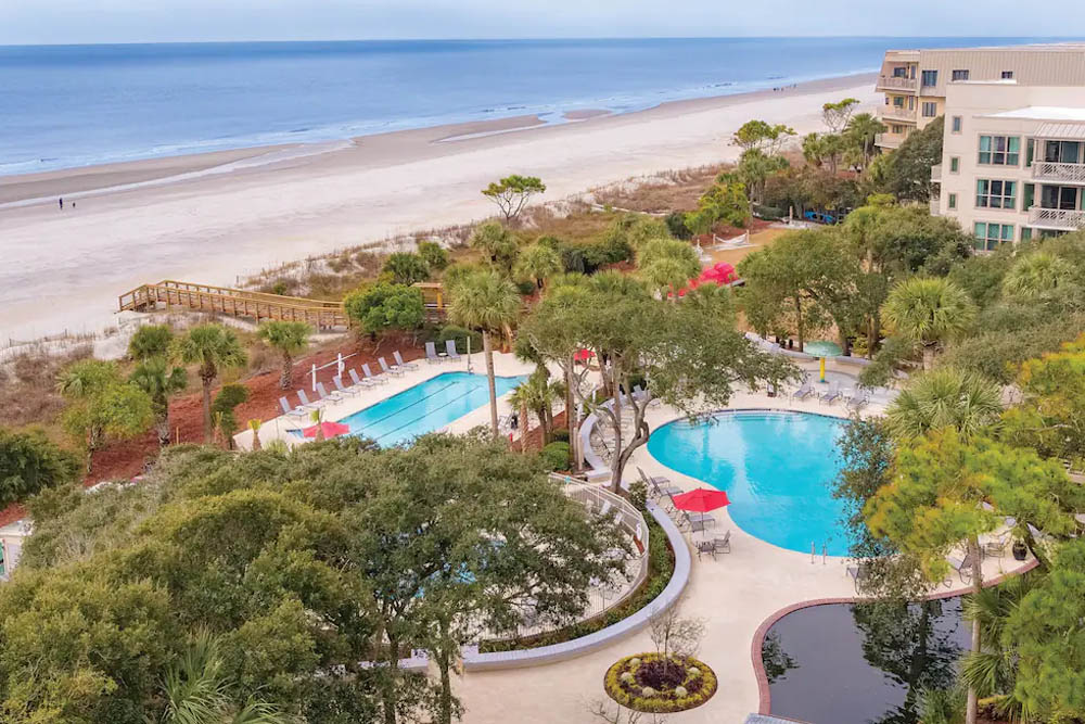 Looking down on the pools and beach at the Marriott Monarch at Sea Pines in Hilton Head 1000