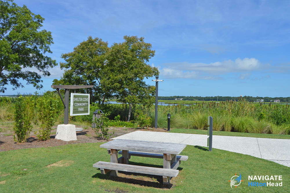 Picnic Table at the edge of Broad Creek at the Shelter Cove Community Park in Hilton Head 1000