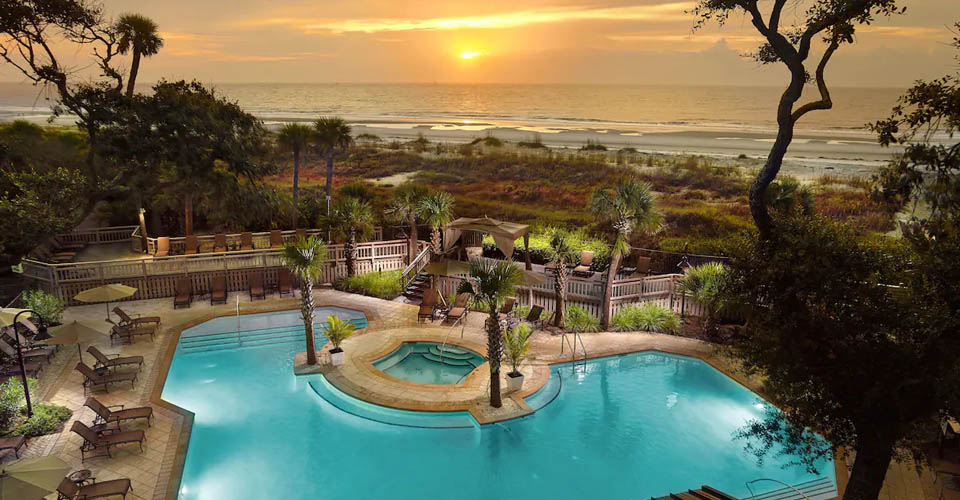 Pool overlooking the beaches and ocean at the Omni Oceanfront Hilton Head Hotel in Palmetto Dunes