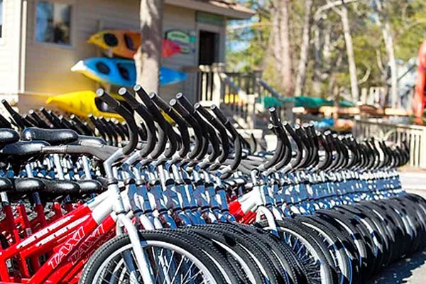 Row of bikes for rent at the Hilton Head Outfitters 600