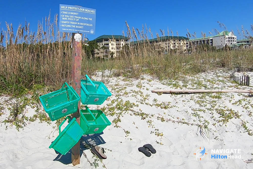 Trash pickup baskets to help keep the beaches clean at Islanders Beach 1000