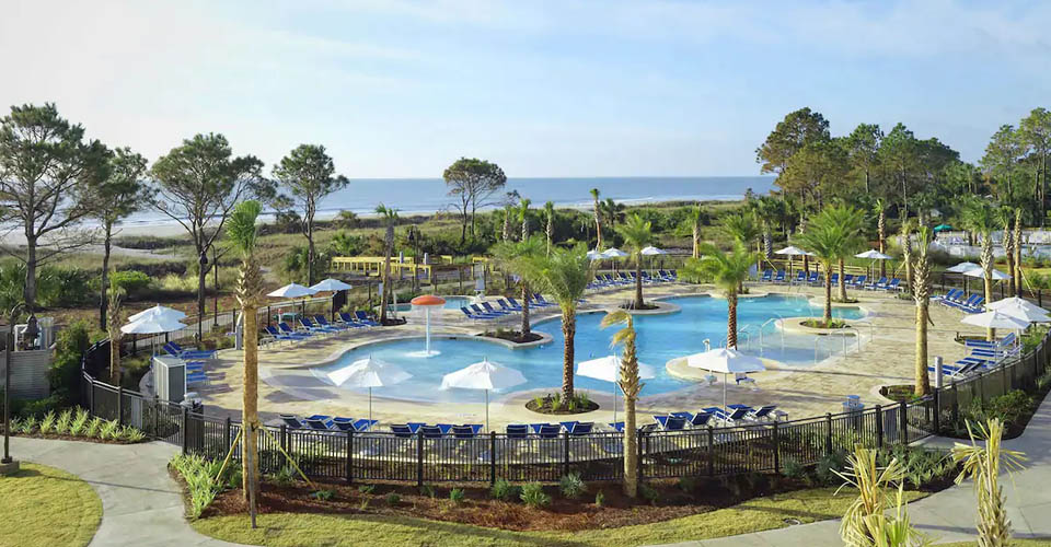 Overlooking the Family pool with Ocean in background at the Ocean Oak Resort in Hilton Head Island 960