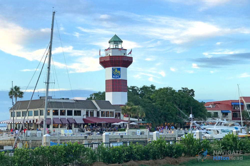 Harbour Town Lighthouse on the marina docks from golf course 1000
